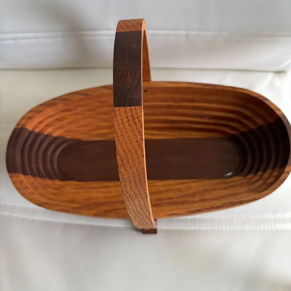 VTG. Wooden Collapsible Basket Expandable Slatted Fruit Bread Basket Oval Tray